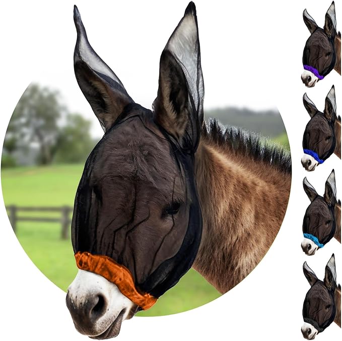 Donkey Fly Mask with Long Ears (Orange) Made in USA - Mule Fly Mask with Ears Protection from Insects and Bugs, Mini Donkey Soft Mesh Fabric with Adjustable Fastener, Face Cover Supplies for Donkeys-PawvioPets
