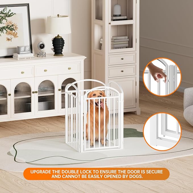 4 Panles Full Matel Freestanding Dog Gates with Door, 96"Extra Wide 32"Tall Free Standing Dog Pet Gate for Indoor & Outdoor. Foldable Pet Fences for Doorways, House, Stairs, Porch, Deck, Yard-PawvioPets