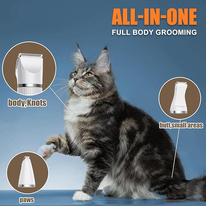 Cat Grooming Clippers Kit with Paw Trimmer, 3 in 1 Electric Pet Hair Trimmer Supplies for Thick Matted Hair, Heavy Coat Butt Shaver Cat Razor Fur Trimmer for Dogs at Home-PawvioPets