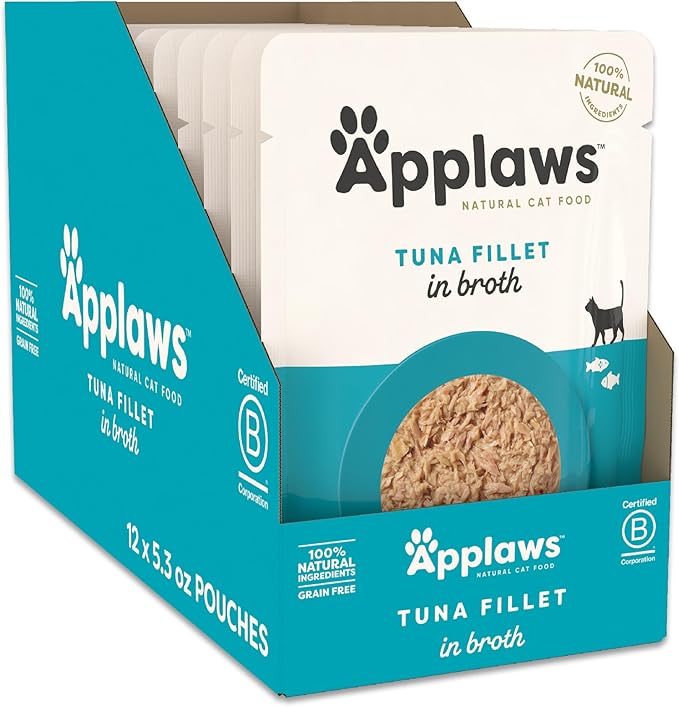 Applaws Natural Wet Cat Food in Broth, Limited Ingredient Wet Cat Food Pouches, No Additives, Made with Natural Ingredients, Tuna Fillet in Broth (12 x 5.3oz Pouches)-PawvioPets