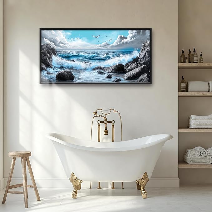 Extra Large Framed Abstract Sea Ocean Wall Art,Black and White Wall Decor, Coastal Seashore Pictures for Living Room,Canvas Print Painting Modern Artwork Bedroom Office Bathroom 60L x 30W-PawvioPets