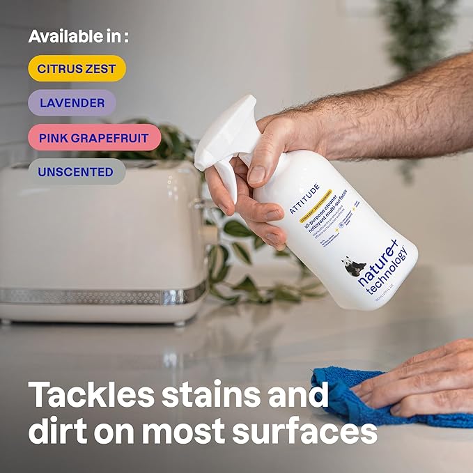 ATTITUDE All Purpose Cleaner Spray, EWG Verified, Vegan, Made with 94% Plant-Based Ingredients, Streak-Free for Kitchen, Bathroom, Glass & More, Citrus Zest Scent, 27.1 Fl Oz-PawvioPets