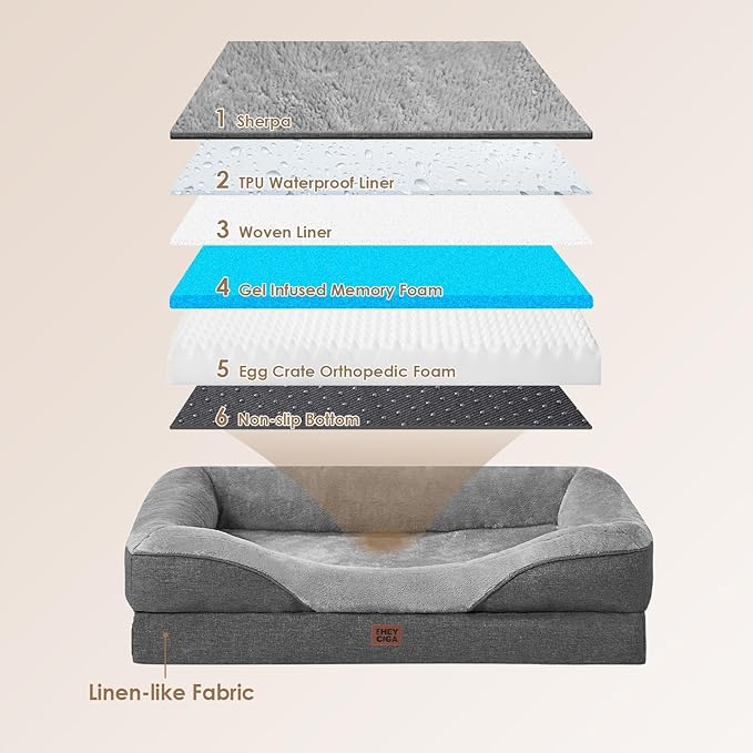 EHEYCIGA Memory Foam Dog Bed for Medium Size, Orthopedic Dog Sofa with Sides and Waterproof Liner, Washable Bolster Pet Couch with Removable Cover, 35x22x6.5 Inch, Grey-PawvioPets