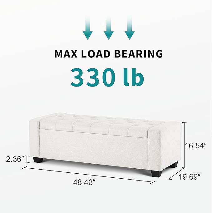 48" Ottoman with Storage, White Storage Ottoman Bench with Safety Hinge, Upholstered Entryway Bench with Seating for Bedroom, Living Room, Holds up to 330 lb-PawvioPets
