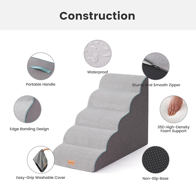 Gardner Pet Dog Stairs for Small Dogs 22.8" H, Curved 5-Step Pet Stairs, Dog Steps for High Bed, Couch (24-30 in) with Durable Non-Slip Waterproof Fabric Cover and CertiPUR-US Certified Foam-PawvioPets