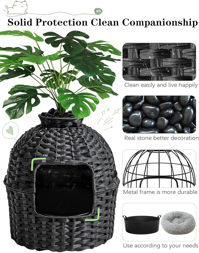 Cat Litter Box Plant Furniture Enclosure, Hidden Handwoven Rattan with Cat Litter Box and Artificial Plants, Odor Control Filter, Real Stones in Living Room, Bedroom, Corner (Black)-PawvioPets