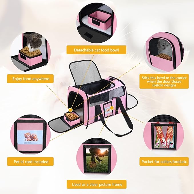 Cat Carriers Soft Side Carrier for Kitten Puppy Collapsible Travel Pet Carrier TSA Airline Approved Cat Carrier Bag for Under 15 lbs Pets, Pink-PawvioPets