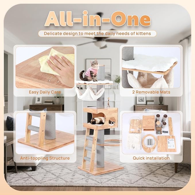 63-inch Modern Cat Tree, Luxury Cat Tower with Scratching Post, Unique Cat Condo with Hammock, Heavy Duty Kitty Climbing Tree for Indoor Cat, Wooden Kitty House for Small Medium Large Cats-PawvioPets