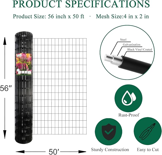 Black PVC Coated Welded Wire Fence 56 Inch x 50 Foot, 2 Inch x 4 Inch 14GA, Garden Border Fencing Roll Vinyl Coating Metal Wire Mesh Hardware Cloth for Yard Vegetable Plant Protection-PawvioPets