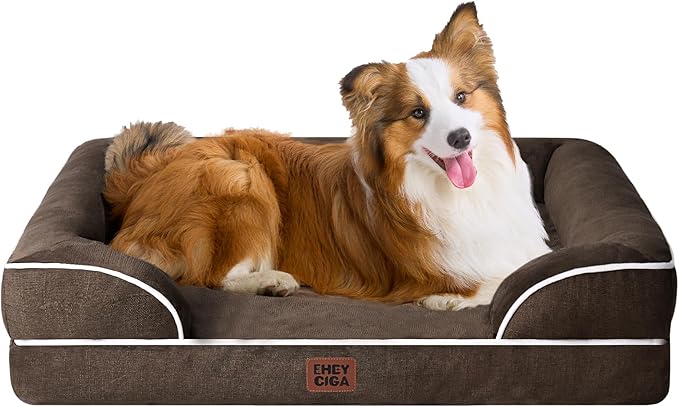 EHEYCIGA Orthopedic Dog Beds for Large Dogs, Waterproof Memory Foam Large Dog Bed with Sides, Non-Slip Bottom and Egg-Crate Foam Pet Couch Bed with Washable Removable Cover, Brown-PawvioPets