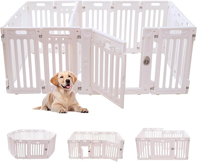 2 Room Dog Playpen with Door,DIY Shape Combination Puppy Pen,16-Panel+2 Link Piece+Large Door+Small Door,25.5" H Dog Fence,Non-Slip&Secure Pet Gate,Easy to Assemble (Two Rooms)-PawvioPets