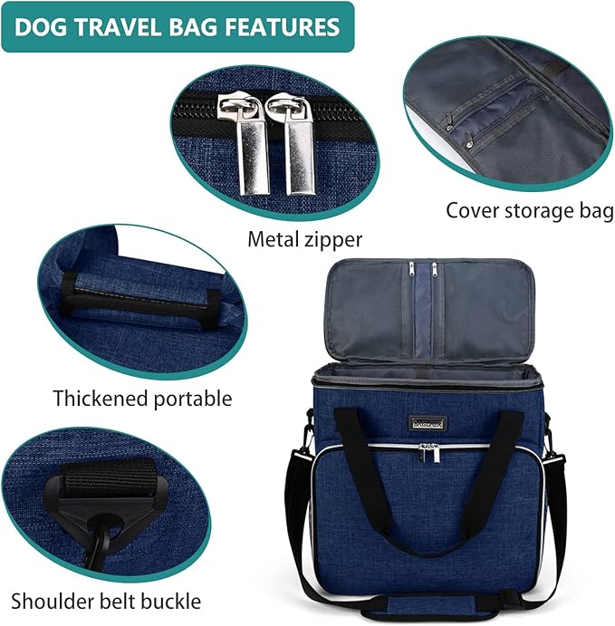 BAGLHER Dog Travel Bag, Pet Travel Bag (ALL Pet Travel Supplies), With 2 Pet Food Containers and 2 Collapsible Silicone Bowls; Essential Kits for Pet Travel Dark Blue-PawvioPets