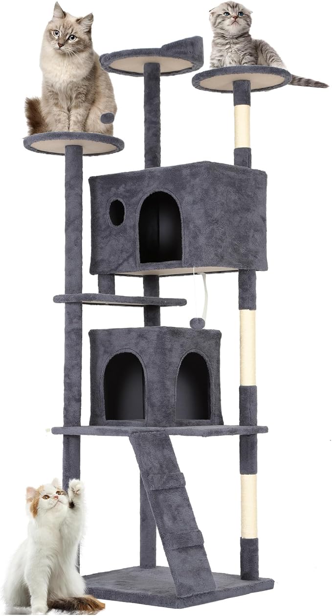 FDW Cat Tree Tower 81in Multi-Level Durable Cat Scratching Post & Cozy Fun Jumping Platform Space Saving Condo Pet Play House for Indoor Cats,Dark Gray-PawvioPets