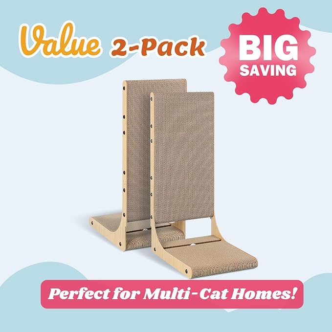 2-Pack Cat Scratching Board, 25.6'' Tall Cardboard L Shape Vertical Cat Scratchers for Indoor Cats, Cat Scratching Post for Wall and Couch, Large-PawvioPets