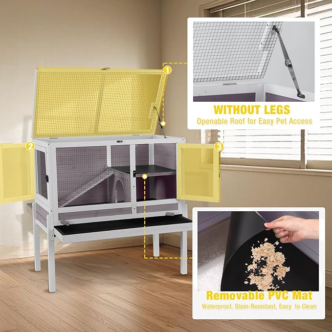 Aivituvin 2-Story Rabbit Hutch with Anti-Chew Ramp & Zinc Sheet - 36.6" Indoor Guinea Pig Cage, Wooden Stand, Pull-Out Tray & Leakproof Floor (Grey)-PawvioPets