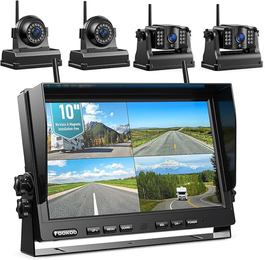 Fookoo 1080P 10" Magnetic Wireless Backup Camera 10" HD Split Screen Monitor,Rechargeable 2 Side View 2 Rear View Cameras,Low Consumption 1-Min DIY Install No Drilling for RV Trailer Truck DCX104-PawvioPets