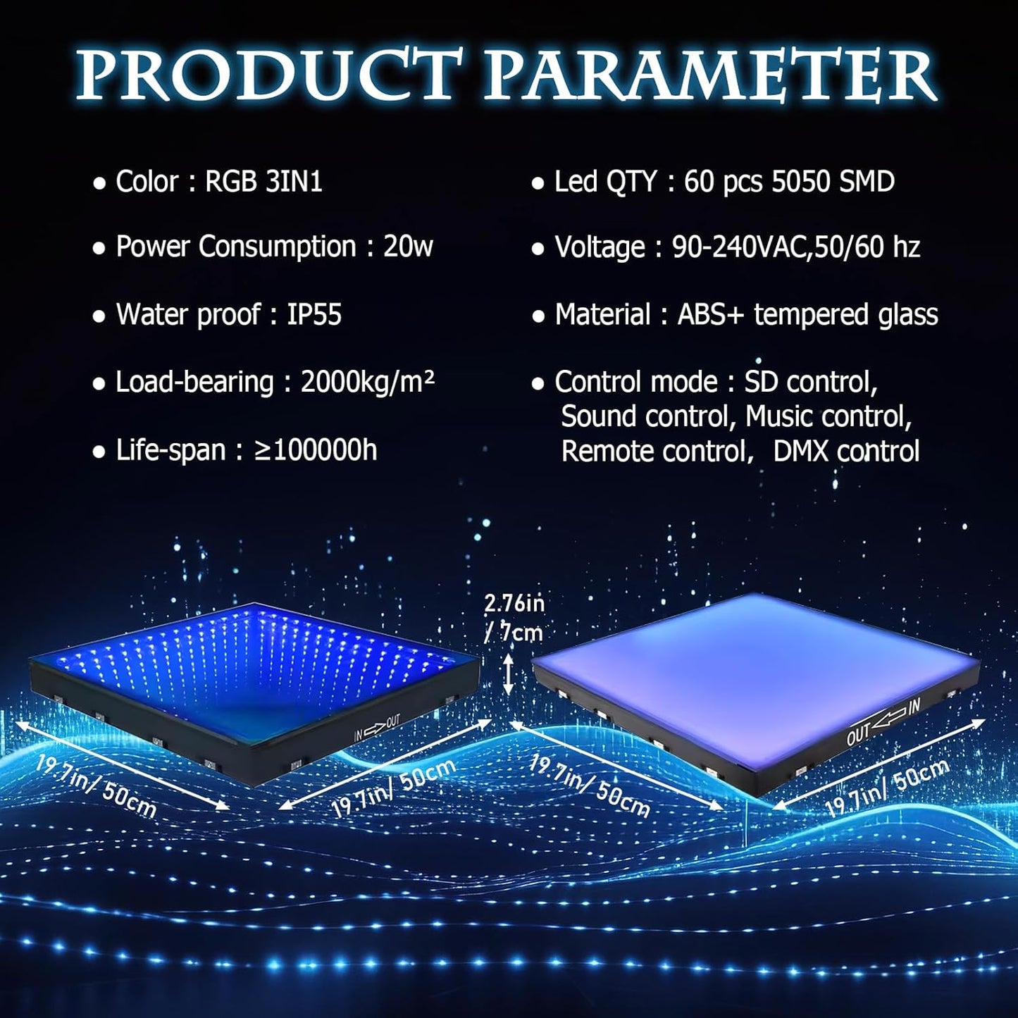 8ft x 8ft 3D Infinity LED Dance Floor - RGB Color Changing & Tempered Glass Panel with Flight Case - Ideal for Indoor/Outdoor Weddings, Parties, and Clubs