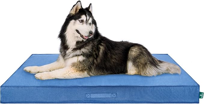 FurHaven Cooling Dog Bed – XXL Foam Mattress for Joint Pain Relief, Waterproof Liner, Removable Washable Cover, Durable for Outdoor Use, Deluxe Grid Indoor/Outdoor Bed – Blue, Jumbo Plus-PawvioPets