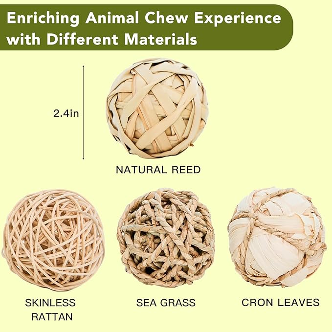 8 Pack Small Pet Chew Toys - 7cm Natural Woven Balls for Rabbits, Guinea Pigs, Hamsters (2 Seagrass, 2 Rattan, 2 Corn Husk, 2 Seaweed Rope) - Safe Dental Grinding Toys-PawvioPets