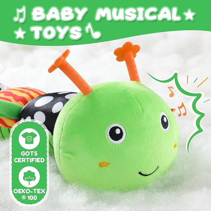 Baby Toys 0-6-12 Months,Musical Caterpillar Stuffed Animals Activity Infant Toys with Crinkle,Rattles,Mirror&Pull String,Muti-Sensory Toys Gifts for Newborn Tummy Time,Kelly Green|Leafy-PawvioPets