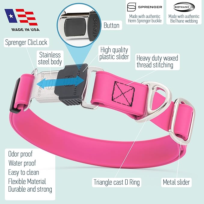 Dogline Biothane Waterproof Dog Collar with Herm Sprenger Stainless Steel Quick Release Buckle – Heavy Duty Tactical Durable Collar for Dogs – Comfortable and Safe Pet Collar, W 1" L 15-25", Pink-PawvioPets