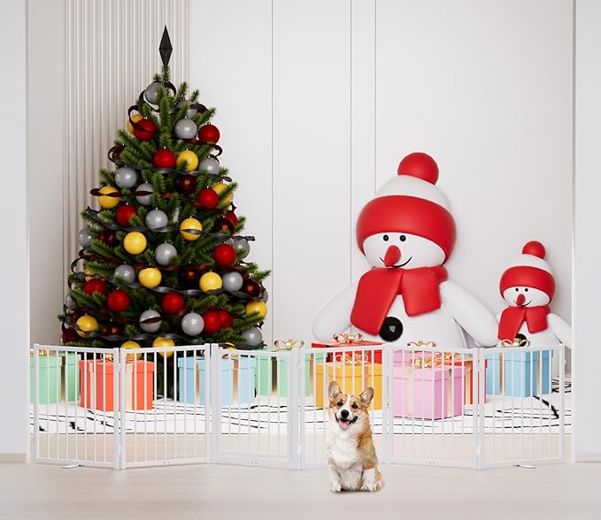 Full Metal Freestanding Dog Gate with Door, 24'' Height Foldable Pet Dog Fence for Indoor & Outdoor, 6 Panels Extra Wide Free Standing SmallDog Gates for Doorways,House,Stairs,Porch,Deck,Yard-PawvioPets