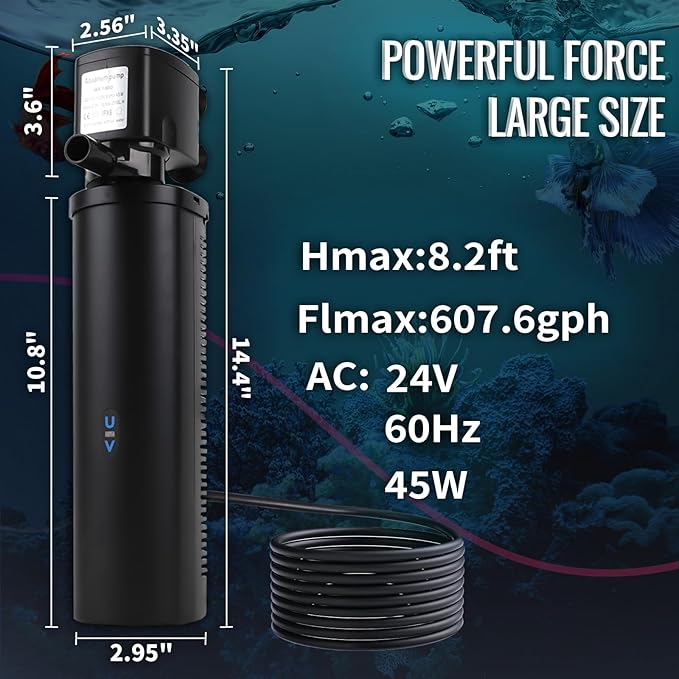 660GPH Aquarium Filter, UV Sterilizer for Aquarium for 100-400 Gallon, 24V DC Powerful Pump for Large Fish Koi Pond Cold Plunge Filter, Green Killing Machine with Algae Remover for Fish Tank-PawvioPets