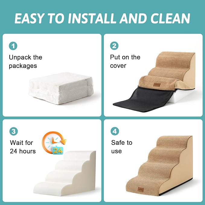 Dog Stairs for Small Dogs 19.7" H, Curved Dog Step for Puppy, Older or Cat, Medium Pet Ramp for Sofa, Couch or Bed, Ladder with High Density Foam, 15.7x28.3x19.7 inch, 4 Step, Light Brown-PawvioPets