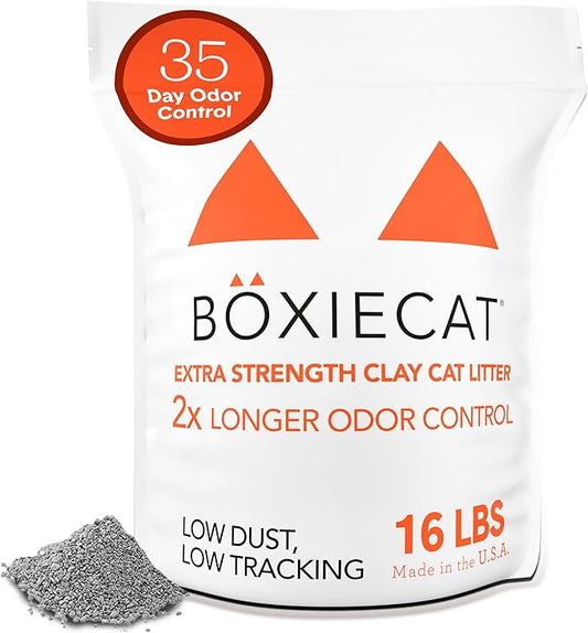 Boxie® Extra Strength 35 Day Odour Control Clumping Clay Cat & Kitty Litter 16lb, 99.9% Dust-Free, Probiotic Formula, Long-Lasting, Veterinarian Approved, Easy Scooping for Multi-Cat Homes-PawvioPets