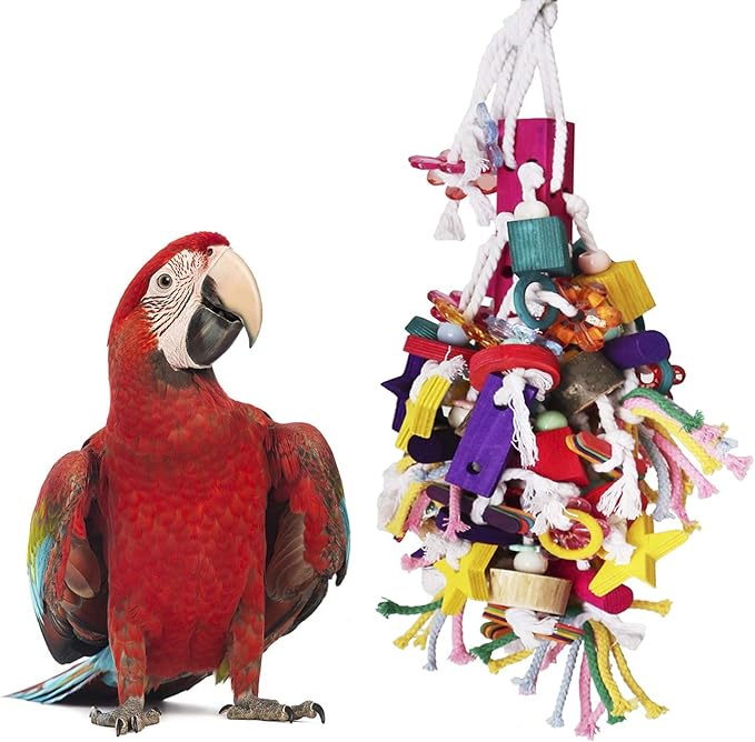 BWOGUE Large Parrot Chew Toy Bird Chewing Toy Multicolored Wooden Blocks Tearing Toys for African Grey Macaws Cockatoos Eclectus Amazon Parrot Birds-PawvioPets
