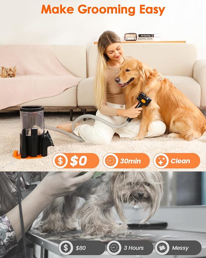 Dog Grooming Vacuum, 4.5L Extra-Large Dust Cup Dog Grooming Kit, 14000Pa High-Suction Pet Groomer with Clippers, Low-Noise All-in-One Shedding Control Set for Home Use-PawvioPets