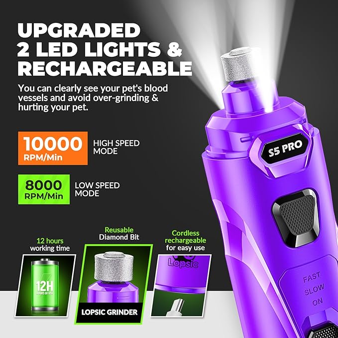 Dog Nail Grinder with 2 LED Lights Powerful 2 Speeds Super Quiet Dog Nail Trimmers with 3 Grinding Wheels Rechargeable Pet Dog Nail Clippers for Large Medium Puppy Dogs Dog Nail File Cat Nail Clipper-PawvioPets