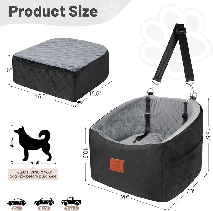 Dog Car Seat for Small Medium Dogs, Memory Foam Booster Car Seat for Dogs up to 35 lbs, Elevated Pet Car Seat with Washable Removable Cover and Storage Pockets (Black/Gray)-PawvioPets