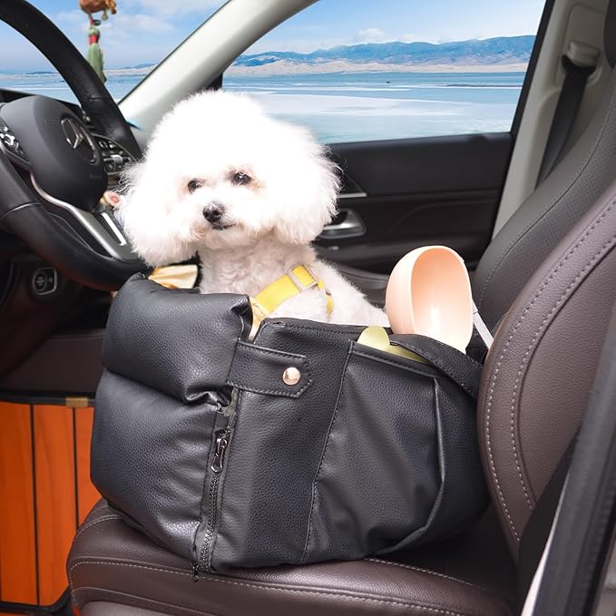 2 and 1 Center Console Dog Car Seat & Carrier for Small Dogs, Large Leather Dog Car Bed with Storage Pocket, Waterproof PVC Leather Seat Travel Bed for Front & Back Seat, Clip-On Safety Leash-PawvioPets