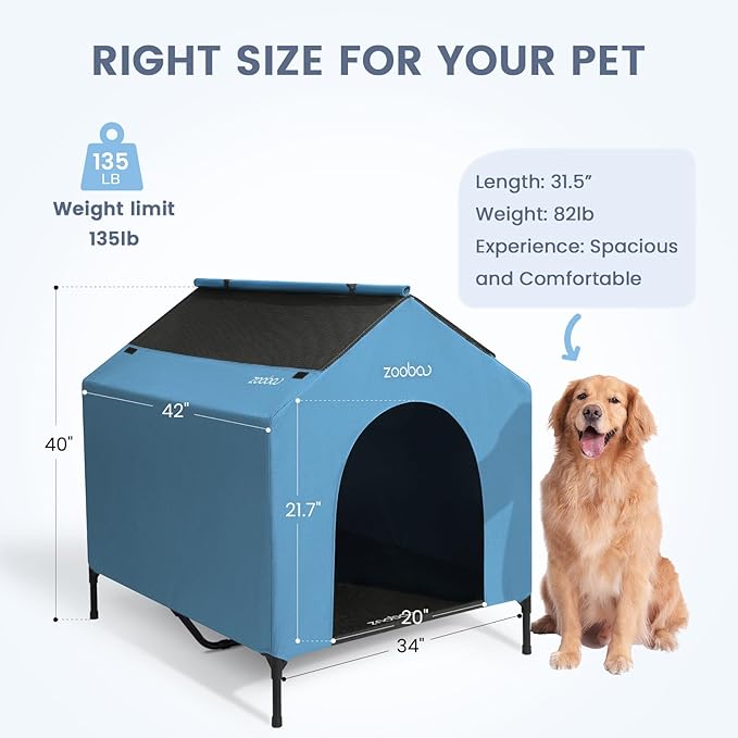 42" 2-in-1 Dog House for Medium Dogs, Elevted Dog House Outdoor/Indoor, Puppy Shelter Outside,Water Resistant 600D PVC and Durable 2x1 Textilene Raised Dog Bed(Blue)-PawvioPets