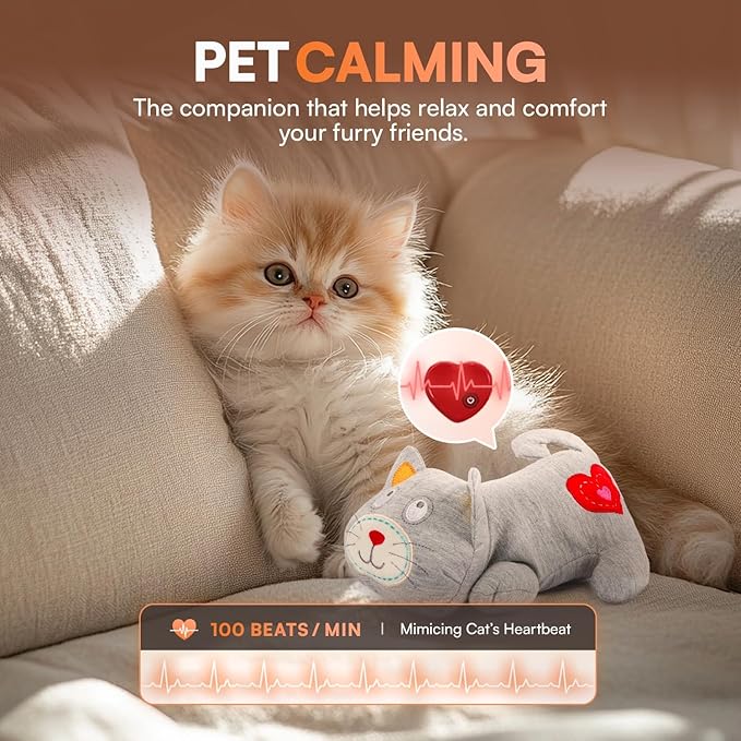 ALL FOR PAWS Heartbeat Cat Plush Toy – Calming Kitten Companion with Realistic Heartbeat, Anxiety Relief for Indoor Cats Dogs Pets-PawvioPets