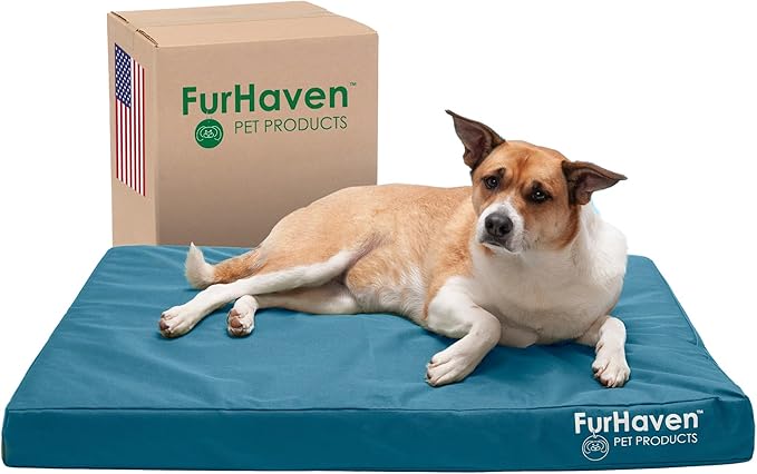 Furhaven Water-Resistant Cooling Gel Dog Bed for Large/Medium Dogs w/ Removable Washable Cover, For Dogs Up to 55 lbs - Indoor/Outdoor Logo Print Oxford Polycanvas Mattress - Deep Lagoon, Large-PawvioPets