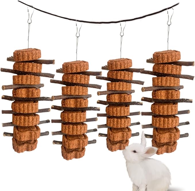 Bunny Carrot Cake Chew Toys,Rabbit Teeth Grinding Hanging Chinchillas Molar Toy Improve Dental Health Natural Apple Sticks for Guinea Pigs Rats Hamsters Gerbils(4 Packs)-PawvioPets