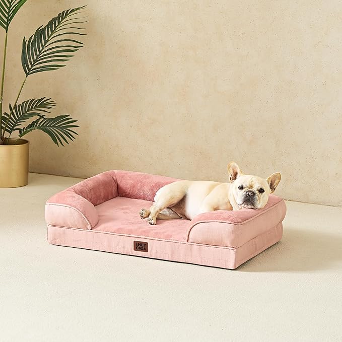 EHEYCIGA Orthopedic Dog Beds for Large Dogs, Waterproof Memory Foam Large Dog Bed with Sides, Non-Slip Bottom and Egg-Crate Foam Pet Couch Bed with Washable Removable Cover, Dusty Pink-PawvioPets