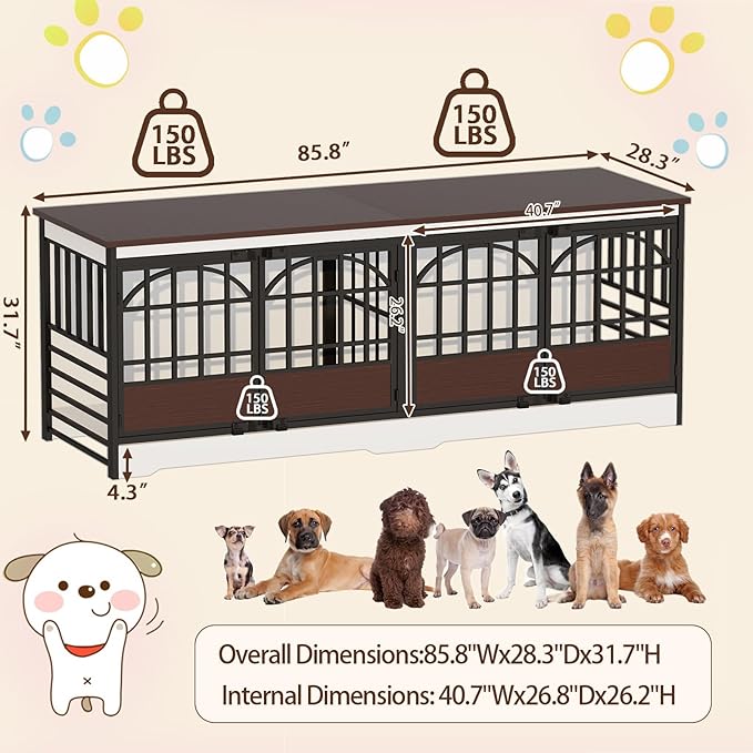 COZPAW 86 Inch Double Dog Crate Furniture for 2 Large Dogs, Decorative Dog Kennel Indoor TV Stand, Heavy Duty Wooden Dog Cage for Large Medium Dogs Sized Dog Pet House with Divider (White)-PawvioPets