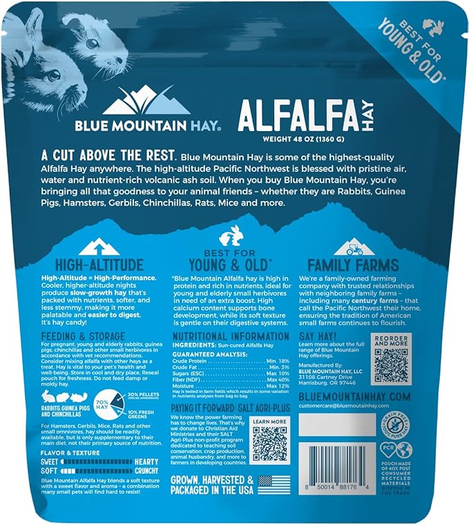 Blue Mountain Hay | Fresh Alfalfa Hay (48 Ounce) | High Leaf Retention | Nutritious High-Altitude Hay Pet Food for Rabbits, Guinea Pigs, Chinchillas, Hamsters, and Other Small Pets-PawvioPets