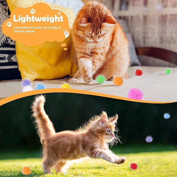 DF DUALFERV 60 Pcs Cat Pom Pom Balls, Interactive Cat Toys, Sparkle Balls for Cats, Extra Large and Fuzzy for Exercise and Entertainment, Multicolor, 1.5 Inch-PawvioPets