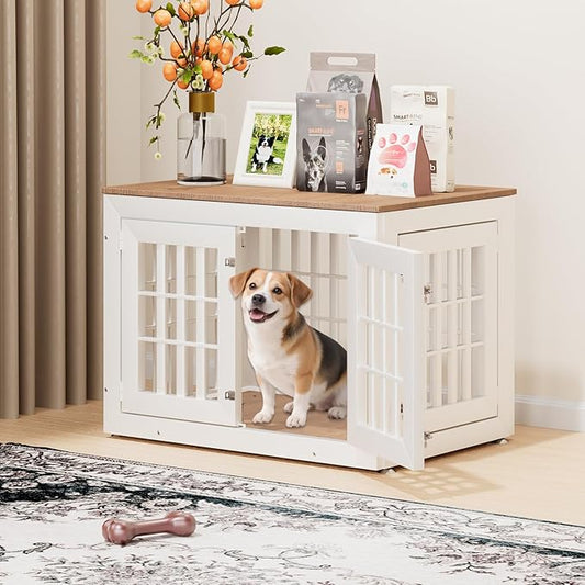 38" Heavy Duty Dog Crate Furniture for Small,Medium and Large Dogs,Rustic Wooden Dog Cage Kennel Indoor Furniture with Waterproof Top,Decorative Pet House Side End Table (White & Wood)-PawvioPets