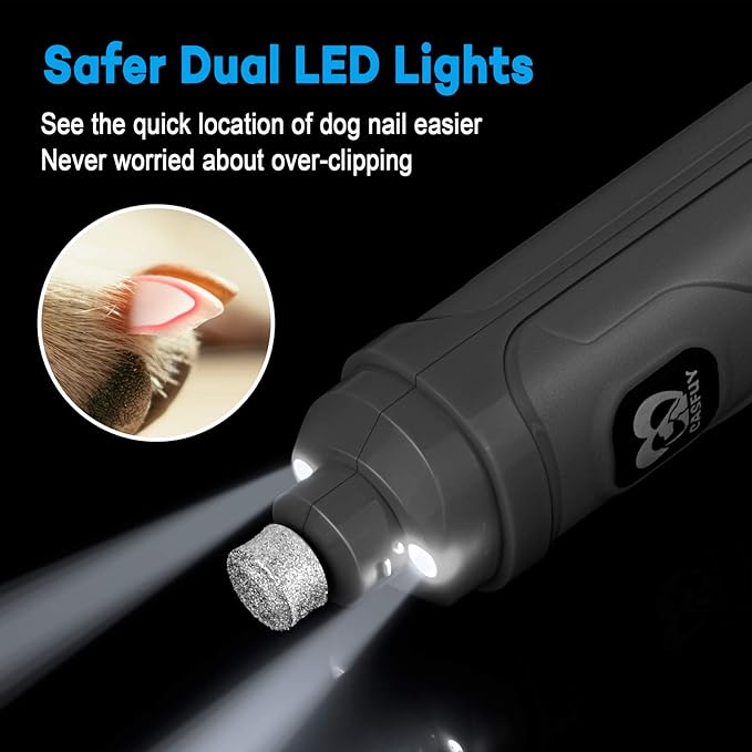 Casfuy Dog Nail Grinder with 2 LED Light - New Version 2-Speed Powerful Electric Pet Nail Trimmer Professional Quiet Painless Paws Grooming & Smoothing for Small Medium Large Dogs and Cats (Grey)-PawvioPets