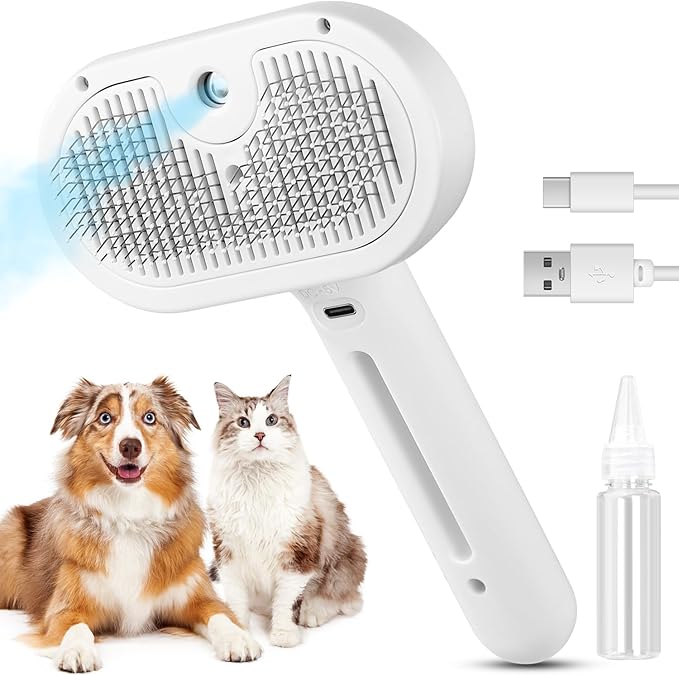 3 in 1 Cat Steam Brush, Pet Steam Brush for Cat Dog Long Short Haired, Pet Spray Hair Removal Comb for Small Animals Shedding & Grooming, Water Mist Spray Brushes with Release Button(White)-PawvioPets