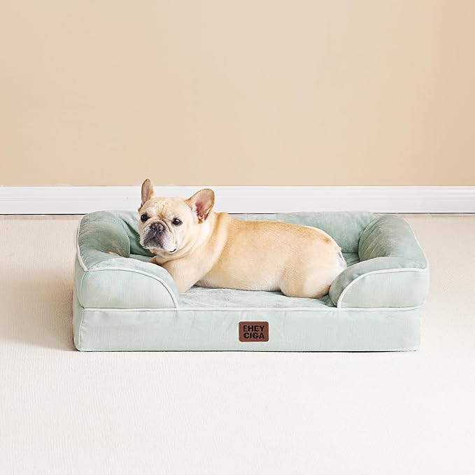 EHEYCIGA Orthopedic Dog Bed for Small Dogs, Waterproof Memory Foam Small Dog Beds with Sides, Non-Slip Bottom and Egg-Crate Foam Medium Pet Couch Bed with Washable Removable Cover, Sage Green-PawvioPets
