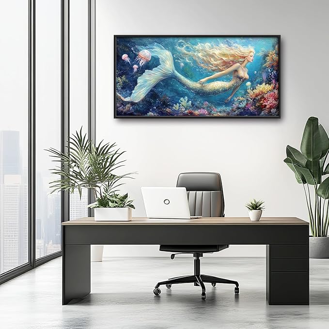 Extra Large Framed Mermaid Wall Art,Oversized Undersea Ocean Wall Decor,Colorful Coral Reefs Pictures for Living Room,Elegant Canvas Print Painting Modern Artwork Bedroom Bathroom 60L x 30W-PawvioPets