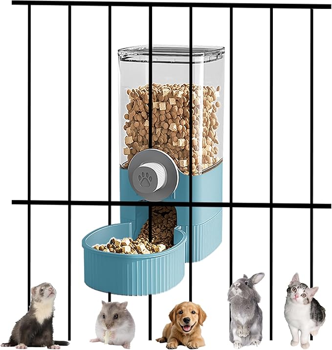Auto Gravity Food Dispenser for Cage Hanging, 41OZ Capacity Hanging Automatic Pet Cage Feeder, Food Bowl for Cats Dogs Rabbit Ferret Chinchilla Bird Hedgehog Guinea Pig (Blue)-PawvioPets