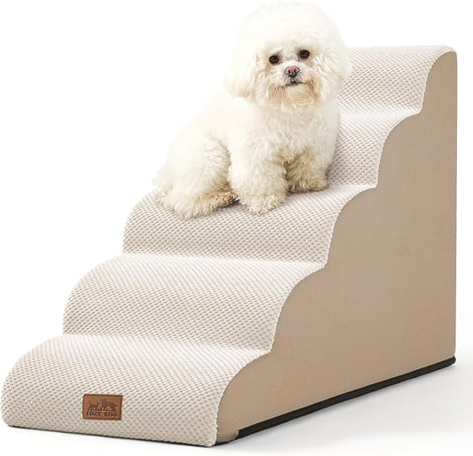 Dog Stairs for Small Dog 22.6" H, Curved Pet Step for Puppy, Older Cat, Medium Pet Ramp for High Bed, Ladder with High Density Foam, Durable, 5 Step, 15.7x33x22.6 inch, Beige-PawvioPets