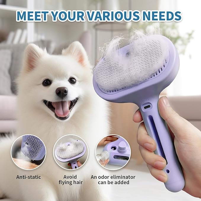 3 in 1 Steam Cat Brush for Shedding - Self-Cleaning Dog Grooming Tool for Long and Short Hair Pets - Removes Static, Flying Hair, and Loose Fur (Purple)-PawvioPets